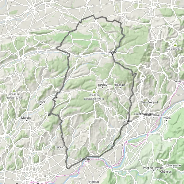 Miniature de la carte de l'inspiration cycliste "Les collines de la Drôme des Collines" dans la Rhône-Alpes, France. Générée par le planificateur d'itinéraire cycliste Tarmacs.app