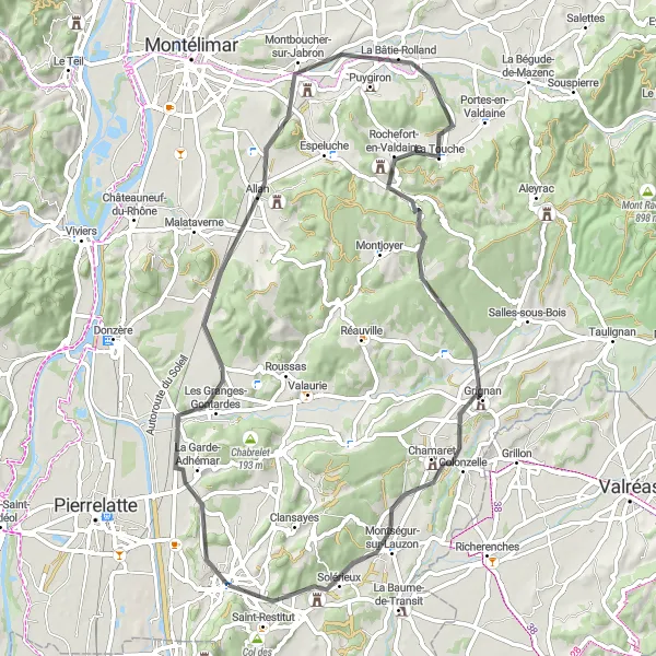 Map miniature of "Hills and Castles Road Cycling Route" cycling inspiration in Rhône-Alpes, France. Generated by Tarmacs.app cycling route planner