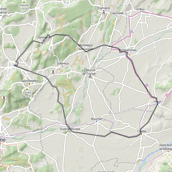 Map miniature of "Montségur-sur-Lauzon Ride" cycling inspiration in Rhône-Alpes, France. Generated by Tarmacs.app cycling route planner