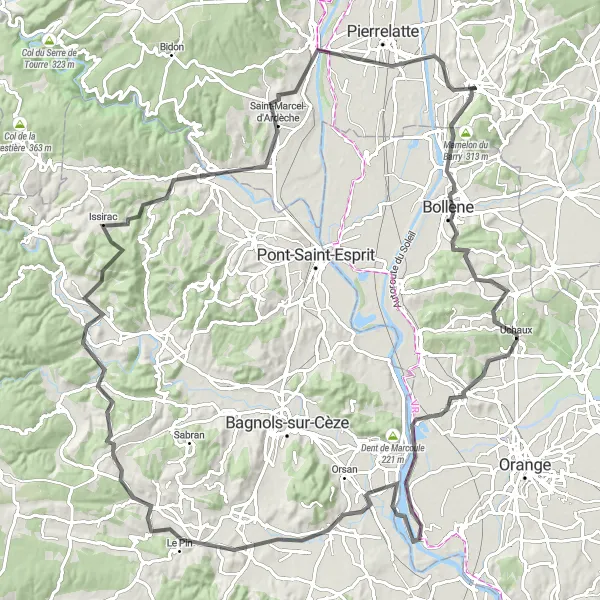 Map miniature of "Uchaux Adventure" cycling inspiration in Rhône-Alpes, France. Generated by Tarmacs.app cycling route planner