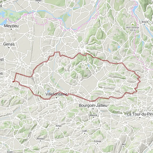 Miniature de la carte de l'inspiration cycliste "Les chemins gravel autour de Heyrieux" dans la Rhône-Alpes, France. Générée par le planificateur d'itinéraire cycliste Tarmacs.app