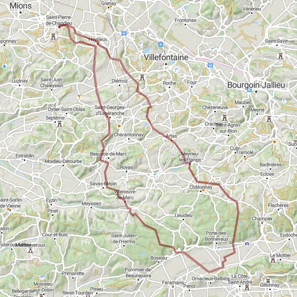 Miniature de la carte de l'inspiration cycliste "Les collines autour de Saint-Pierre-de-Chandieu" dans la Rhône-Alpes, France. Générée par le planificateur d'itinéraire cycliste Tarmacs.app