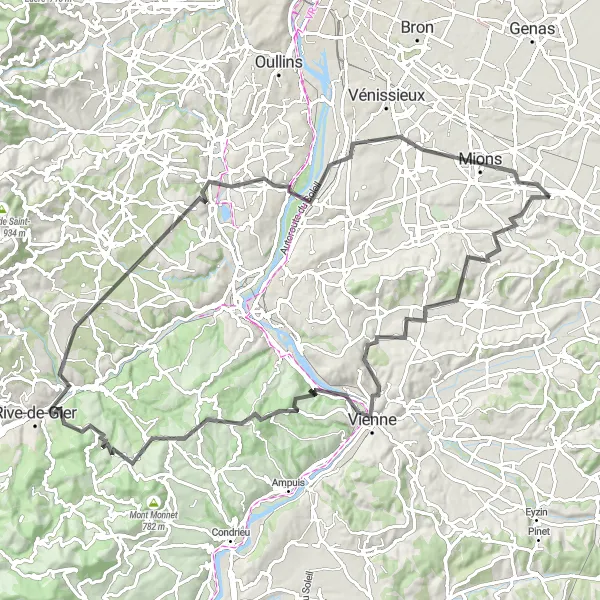 Miniature de la carte de l'inspiration cycliste "Le patrimoine historique du Pays viennois" dans la Rhône-Alpes, France. Générée par le planificateur d'itinéraire cycliste Tarmacs.app