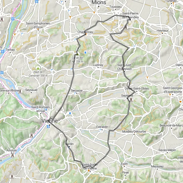 Miniature de la carte de l'inspiration cycliste "Les petits villages de la région de Vienne" dans la Rhône-Alpes, France. Générée par le planificateur d'itinéraire cycliste Tarmacs.app