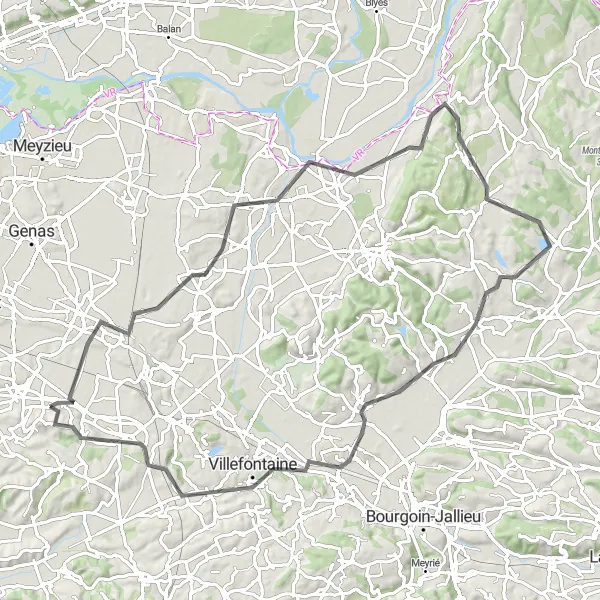 Miniature de la carte de l'inspiration cycliste "La Boucle de Pont-de-Chéruy" dans la Rhône-Alpes, France. Générée par le planificateur d'itinéraire cycliste Tarmacs.app