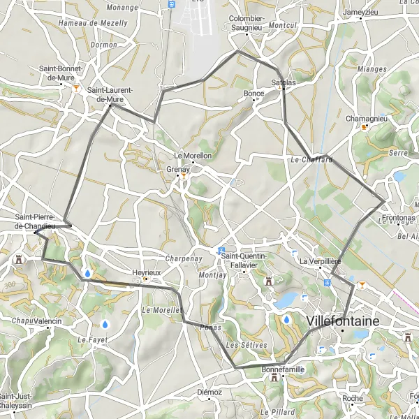 Miniatua del mapa de inspiración ciclista "Ruta escénica por Colombier-Saugnieu y Heyrieux" en Rhône-Alpes, France. Generado por Tarmacs.app planificador de rutas ciclistas
