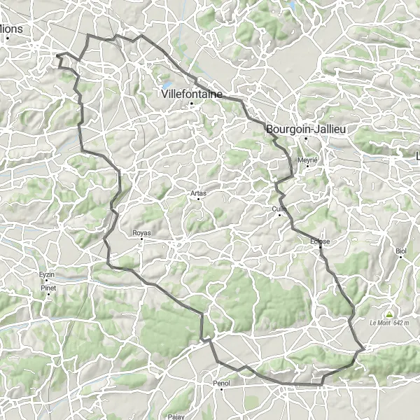 Miniature de la carte de l'inspiration cycliste "Le Tour de La Verpillière" dans la Rhône-Alpes, France. Générée par le planificateur d'itinéraire cycliste Tarmacs.app