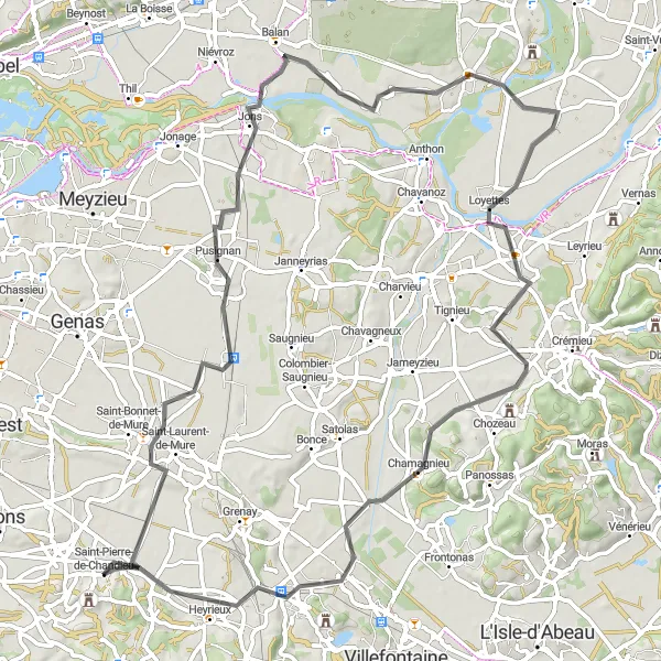Miniatura mapy "Trasa przez Pusignan" - trasy rowerowej w Rhône-Alpes, France. Wygenerowane przez planer tras rowerowych Tarmacs.app