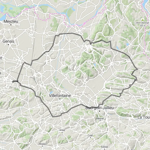 Miniature de la carte de l'inspiration cycliste "La Route de Bourgoin-Jallieu" dans la Rhône-Alpes, France. Générée par le planificateur d'itinéraire cycliste Tarmacs.app
