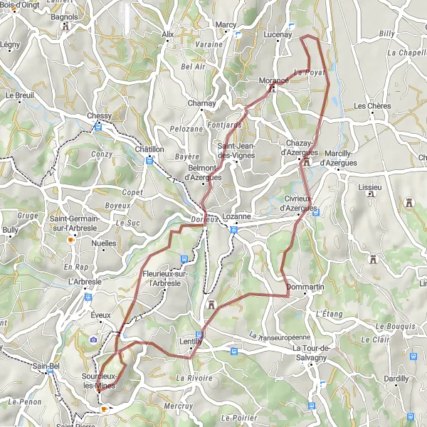 Miniatua del mapa de inspiración ciclista "Ruta de Grava a Morancé, Château de Chazay y Lentilly" en Rhône-Alpes, France. Generado por Tarmacs.app planificador de rutas ciclistas