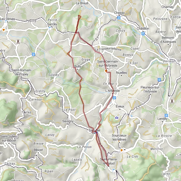 Zemljevid v pomanjšavi "Gozdna gravel avantura" kolesarske inspiracije v Rhône-Alpes, France. Generirano z načrtovalcem kolesarskih poti Tarmacs.app