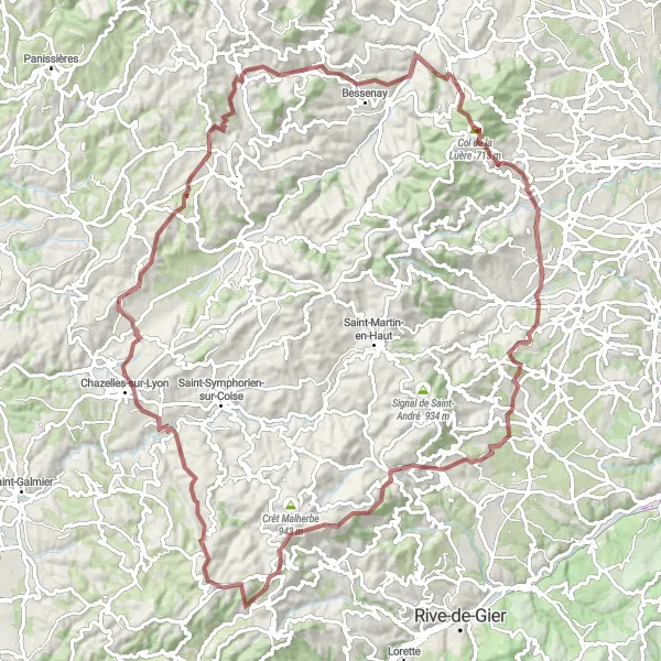Mapa miniatúra "Náročná gravelová trasa s výhľadmi" cyklistická inšpirácia v Rhône-Alpes, France. Vygenerované cyklistickým plánovačom trás Tarmacs.app