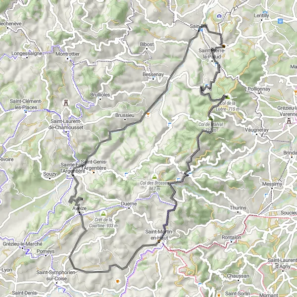 Miniatua del mapa de inspiración ciclista "Ruta en Carretera a Chevinay, Col de Malval, Crêt de la Madonne, Saint-Martin-en-Haut, Sainte-Foy-l'Argentière y Sourcieux-les-Mines" en Rhône-Alpes, France. Generado por Tarmacs.app planificador de rutas ciclistas