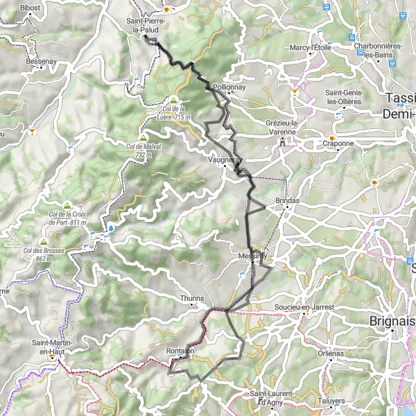 Miniatua del mapa de inspiración ciclista "Ruta en Carretera a Col de la Croix du Ban, Pollionnay, Messimy, Crêt du Bouchat, Vaugneray y Saint-Pierre-la-Palud" en Rhône-Alpes, France. Generado por Tarmacs.app planificador de rutas ciclistas