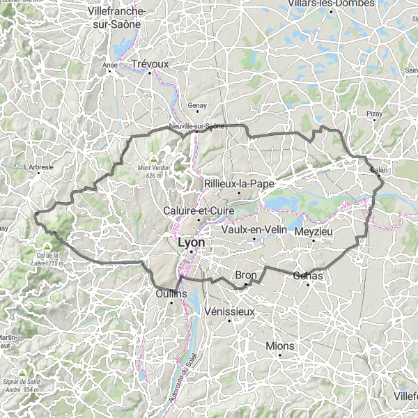 Miniatura della mappa di ispirazione al ciclismo "Giro panoramico della Croix du Ban" nella regione di Rhône-Alpes, France. Generata da Tarmacs.app, pianificatore di rotte ciclistiche