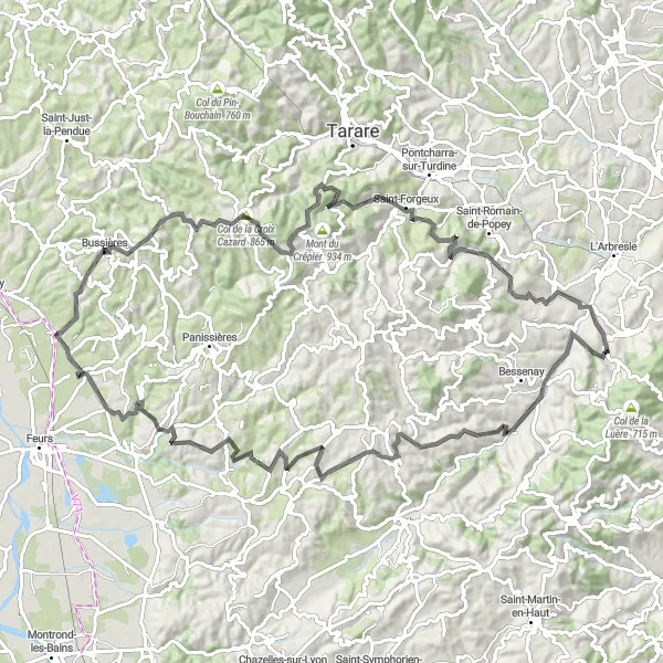 Miniature de la carte de l'inspiration cycliste "Circuit panoramique des montagnes en road" dans la Rhône-Alpes, France. Générée par le planificateur d'itinéraire cycliste Tarmacs.app