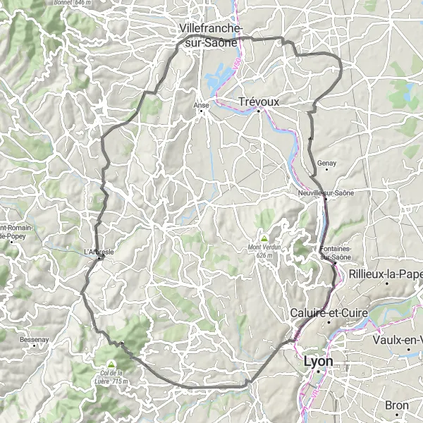 Miniatura della mappa di ispirazione al ciclismo "Cicloturismo nella Valle del Saona" nella regione di Rhône-Alpes, France. Generata da Tarmacs.app, pianificatore di rotte ciclistiche