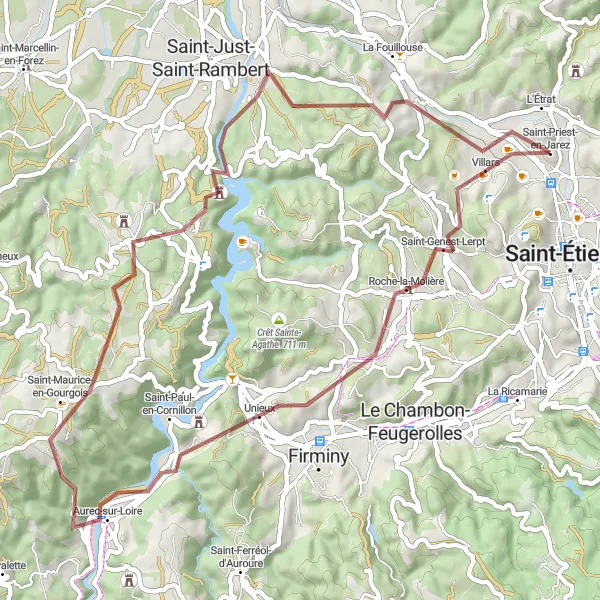 Map miniature of "Exploring the Gravel Roads of Saint-Priest-en-Jarez" cycling inspiration in Rhône-Alpes, France. Generated by Tarmacs.app cycling route planner