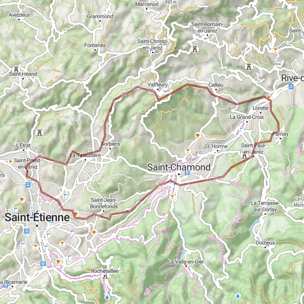 Mapa miniatúra "Gravelová cyklotrasa cez prírodu" cyklistická inšpirácia v Rhône-Alpes, France. Vygenerované cyklistickým plánovačom trás Tarmacs.app