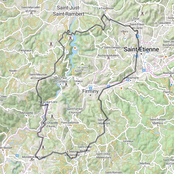 Map miniature of "Road Cycling Adventure around Saint-Priest-en-Jarez" cycling inspiration in Rhône-Alpes, France. Generated by Tarmacs.app cycling route planner