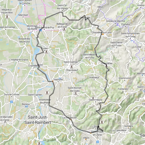 Map miniature of "Challenging Road Cycling Loop near Saint-Priest-en-Jarez" cycling inspiration in Rhône-Alpes, France. Generated by Tarmacs.app cycling route planner