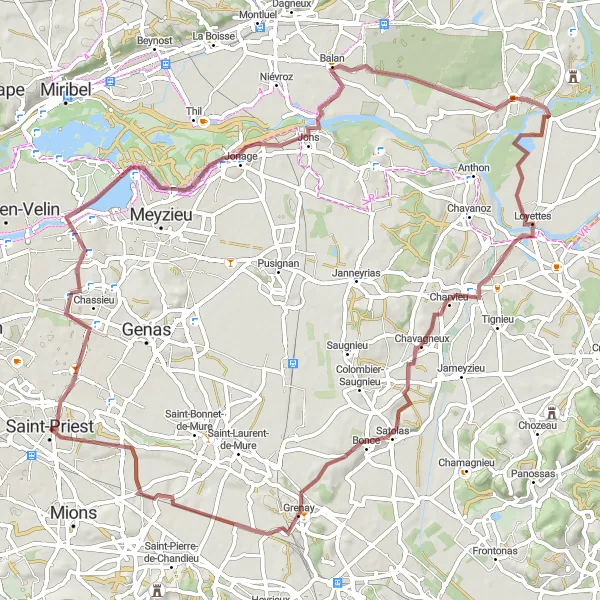 Miniatua del mapa de inspiración ciclista "Ruta de Grava Décines-Charpieu - Grenay" en Rhône-Alpes, France. Generado por Tarmacs.app planificador de rutas ciclistas