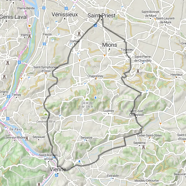 Kartminiatyr av "Runturen från Saint-Priest till Vienne" cykelinspiration i Rhône-Alpes, France. Genererad av Tarmacs.app cykelruttplanerare