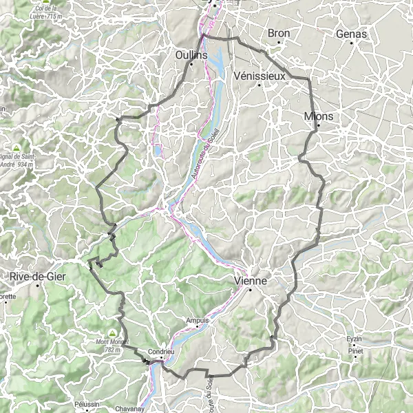 Miniature de la carte de l'inspiration cycliste "Les Collines du Sud-Est" dans la Rhône-Alpes, France. Générée par le planificateur d'itinéraire cycliste Tarmacs.app