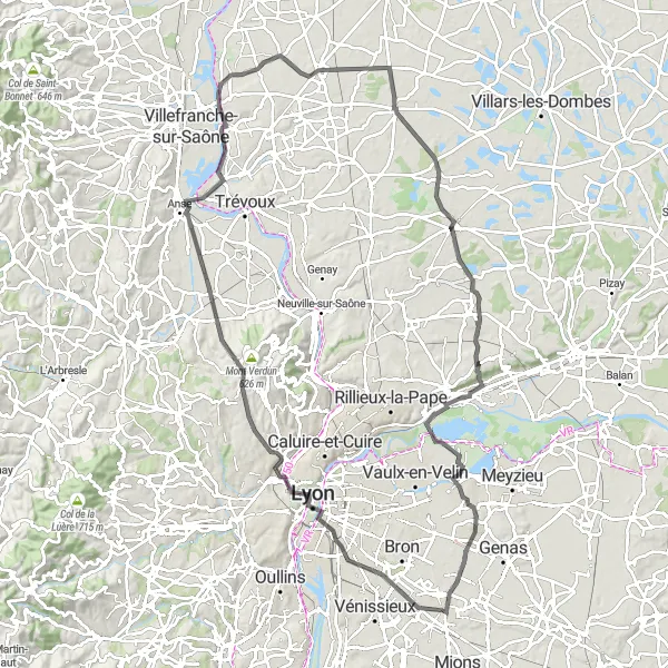 Kartminiatyr av "Lyon och Col du Verdun Cykeltur" cykelinspiration i Rhône-Alpes, France. Genererad av Tarmacs.app cykelruttplanerare