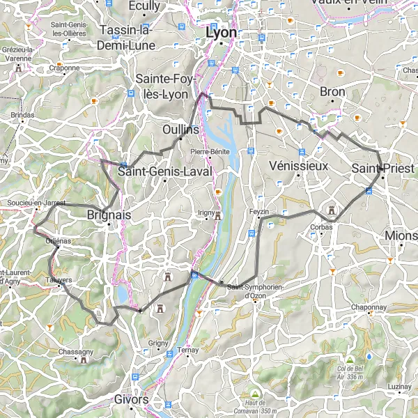 Miniatua del mapa de inspiración ciclista "Ruta Escénica de Corbas a Gerland" en Rhône-Alpes, France. Generado por Tarmacs.app planificador de rutas ciclistas