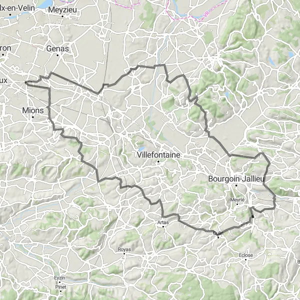 Miniature de la carte de l'inspiration cycliste "Les Collines du Sud" dans la Rhône-Alpes, France. Générée par le planificateur d'itinéraire cycliste Tarmacs.app