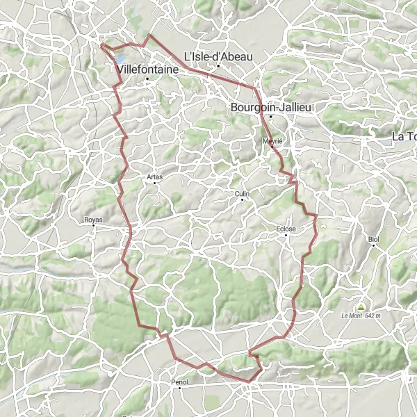 Miniaturní mapa "Gravelová trasa kolem Bourgoin-Jallieu" inspirace pro cyklisty v oblasti Rhône-Alpes, France. Vytvořeno pomocí plánovače tras Tarmacs.app