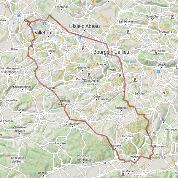Karttaminiaatyyri "Bourgoin-Jallieu - Meyrieu-les-Étangs Gravel Path" pyöräilyinspiraatiosta alueella Rhône-Alpes, France. Luotu Tarmacs.app pyöräilyreittisuunnittelijalla