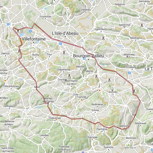 Kartminiatyr av "Grusvei eventyr rundt Saint-Quentin-Fallavier" sykkelinspirasjon i Rhône-Alpes, France. Generert av Tarmacs.app sykkelrutoplanlegger