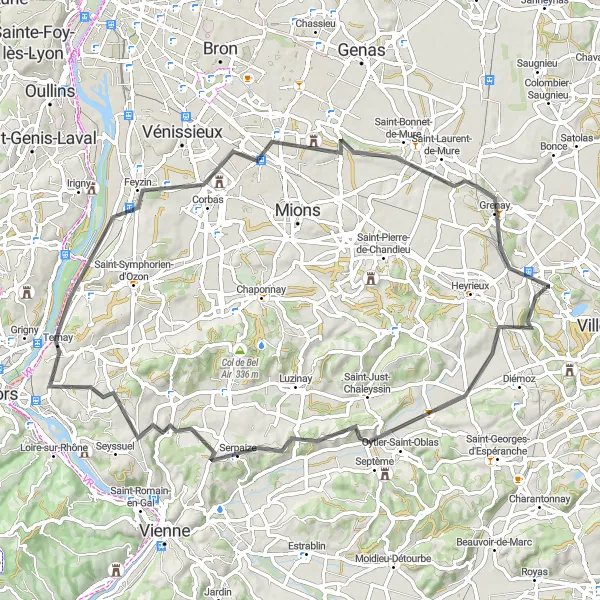 Karten-Miniaturansicht der Radinspiration "Roadtrip durch Oytier-Saint-Oblas und Feyzin" in Rhône-Alpes, France. Erstellt vom Tarmacs.app-Routenplaner für Radtouren