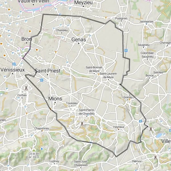 Miniatua del mapa de inspiración ciclista "Ruta en Carretera por Valencin y alrededores" en Rhône-Alpes, France. Generado por Tarmacs.app planificador de rutas ciclistas
