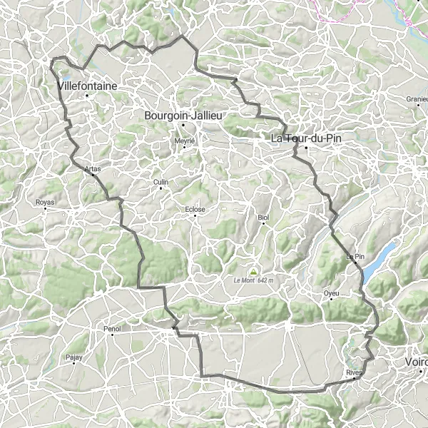 Kartminiatyr av "Utfordrende sykkeltur fra Frontonas til Bonnefamille" sykkelinspirasjon i Rhône-Alpes, France. Generert av Tarmacs.app sykkelrutoplanlegger