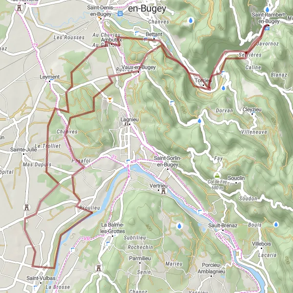 Mapa miniatúra "Gravel trasa cez údolia okolo Saint-Rambert-en-Bugey" cyklistická inšpirácia v Rhône-Alpes, France. Vygenerované cyklistickým plánovačom trás Tarmacs.app