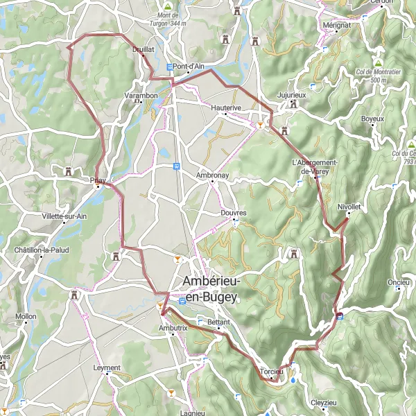 Zemljevid v pomanjšavi "Gorsko kolesarjenje v bližini Saint-Rambert-en-Bugey" kolesarske inspiracije v Rhône-Alpes, France. Generirano z načrtovalcem kolesarskih poti Tarmacs.app