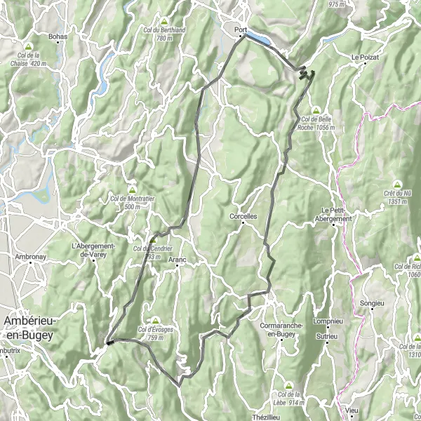 Map miniature of "Picturesque Road Loop around Saint-Rambert-en-Bugey" cycling inspiration in Rhône-Alpes, France. Generated by Tarmacs.app cycling route planner