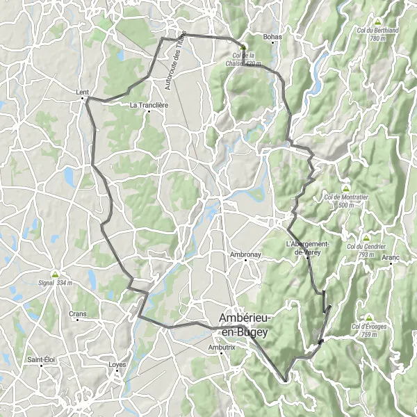 Kartminiatyr av "Oppdag landsbyene rundt Ain-platået" sykkelinspirasjon i Rhône-Alpes, France. Generert av Tarmacs.app sykkelrutoplanlegger