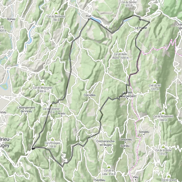 Map miniature of "Nantua and Col du Cendrier Loop" cycling inspiration in Rhône-Alpes, France. Generated by Tarmacs.app cycling route planner