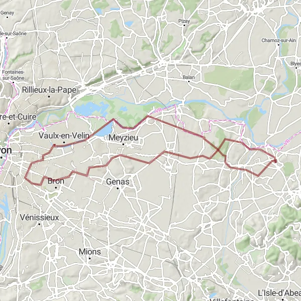 Miniaturní mapa "Gravelový okruh přes Jonage a Chassieu" inspirace pro cyklisty v oblasti Rhône-Alpes, France. Vytvořeno pomocí plánovače tras Tarmacs.app