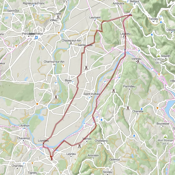 Kartminiatyr av "Grusväg mot Loyettes, Sainte-Julie, Vue sur Vaux-en-Bugey, Vaux-en-Bugey, Saint-Vulbas och Saint-Romain-de-Jalionas" cykelinspiration i Rhône-Alpes, France. Genererad av Tarmacs.app cykelruttplanerare