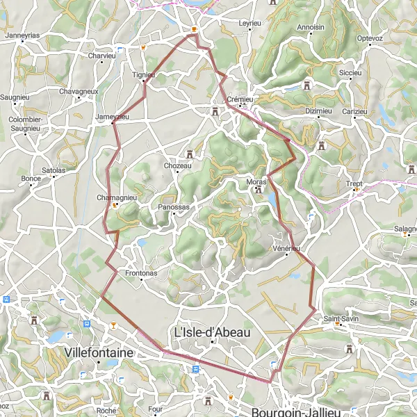 Miniaturní mapa "Gravelový okruh kolem Saint-Romain-de-Jalionas" inspirace pro cyklisty v oblasti Rhône-Alpes, France. Vytvořeno pomocí plánovače tras Tarmacs.app