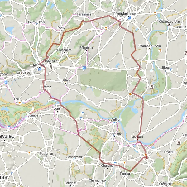 Zemljevid v pomanjšavi "Raznolika pot okoli Saint-Romain-de-Jalionas" kolesarske inspiracije v Rhône-Alpes, France. Generirano z načrtovalcem kolesarskih poti Tarmacs.app
