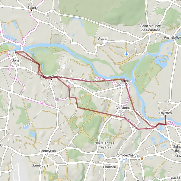 Karten-Miniaturansicht der Radinspiration "Rundfahrt mit Kiesstraßen durch Villette-d'Anthon und Loyettes" in Rhône-Alpes, France. Erstellt vom Tarmacs.app-Routenplaner für Radtouren