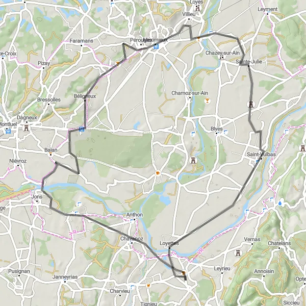 Mapa miniatúra "Cyklistická trasa cez Béligneux a Pérouges" cyklistická inšpirácia v Rhône-Alpes, France. Vygenerované cyklistickým plánovačom trás Tarmacs.app