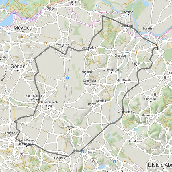 Mapa miniatúra "Road trip z Chamagnieu do Pusignan" cyklistická inšpirácia v Rhône-Alpes, France. Vygenerované cyklistickým plánovačom trás Tarmacs.app