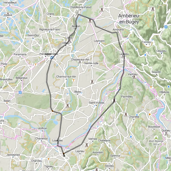 Karttaminiaatyyri "Maantieajo Meximieux'sta Saint-Romain-de-Jalionasiin" pyöräilyinspiraatiosta alueella Rhône-Alpes, France. Luotu Tarmacs.app pyöräilyreittisuunnittelijalla